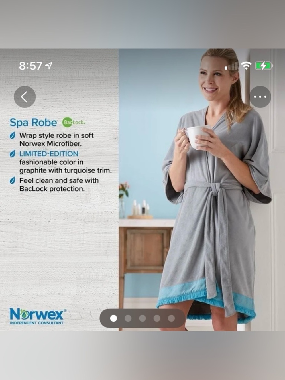 Norwex Graphite Robe with Turquoise Trim